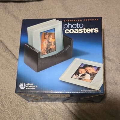 Cherished Accents Glass Photo Coasters Set of 4 with Holder, Square - Image 1