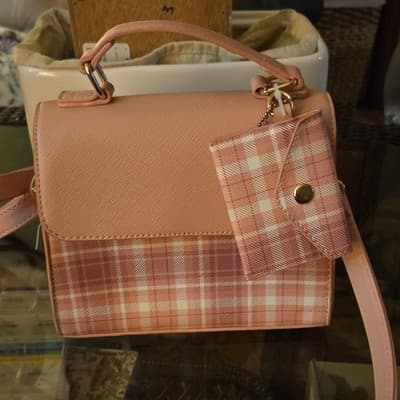 Pink Plaid Satchel Top Handle Bag Gold Hardware Strap Accents with Coin Purse - Image 1
