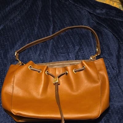 Brown Faux Leather Shoulder Bag with Drawstring Gold-Tone Accents Women’s - Image 1