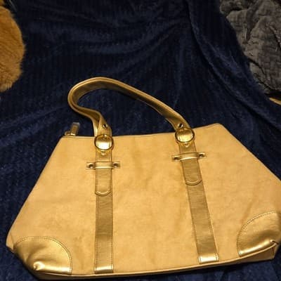 Gold Shoulder Bag with Double Handles Gold Tone Hardware Accents Women’s - Image 1