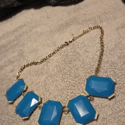 BaubleBar Statement Necklace Blue Octagon Stones Gold Tone Signed - Image 1
