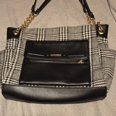 Kim Rogers Plaid Shoulder Bag Black White Gold Hardware Zipper Accents Women’s - Image 1