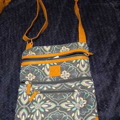 Stone Mountain Blue Teal Orange White Floral Crossbody Bag Adjustable Strap - Image 1