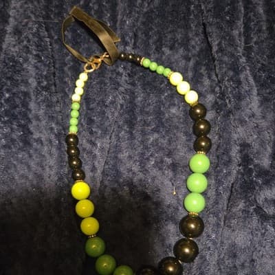 Beaded Glass Necklace Green Yellow Black Round Beads Brass Hook Closure - Image 1