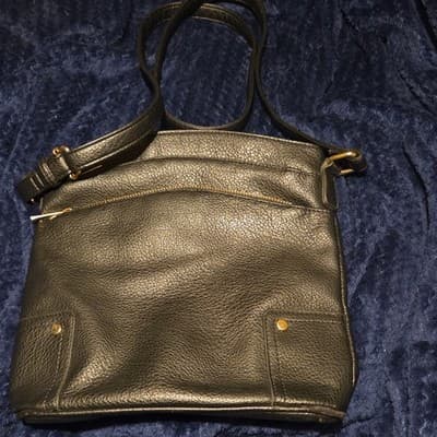 Black Pebbled Shoulder Bag Gold Hardware Zip Closure Zipper Accents Women’s - Image 1
