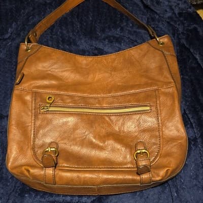 Brown Faux Leather Shoulder Bag with Zipper Buckle Accents Matte Finish Women’s - Image 1