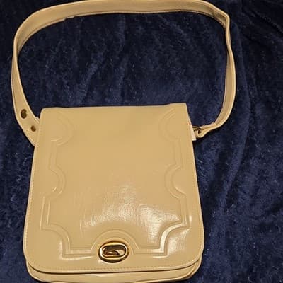 Beige Solid Rectangle Shoulder Bag Turn Lock Closure Gold Hardware Women’s - Image 1