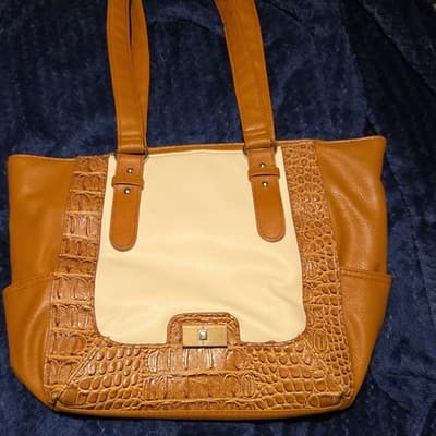 Brown Beige Crocodile Embossed Shoulder Bag Buckle Accent Snap Closure - Image 1