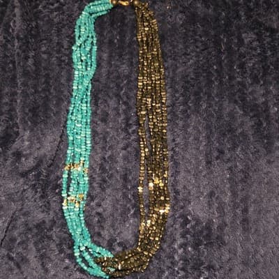 Statement Necklace Multi-Strand Turquoise Gold Glass Beaded Fashion Jewelry - Image 1
