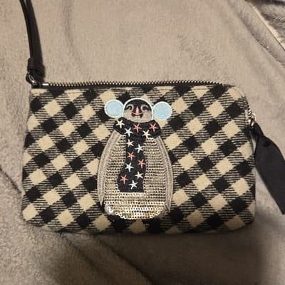 Talbots Plaid Clutch Black Ivory Embroidered Zipper Accents Wrist Strap Women’s - Image 1