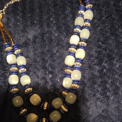 Vintage Beaded Necklace Blue White Gold Glass Metal Fashion Jewelry for Women - Image 1