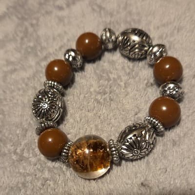 Beaded Brown Silver Round Stone Metal Bracelet with Silver Floral Charms - Image 1