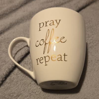 Pfaltzgraff EVERYDAY White Ceramic Coffee Mug - Novelty 'Pray Coffee Repeat' - Image 1
