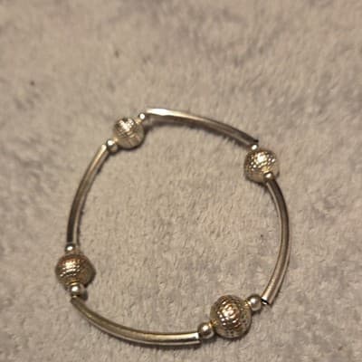 Silver Tone Wire Bangle Bracelet Textured Round Beads Hook Closure Metal - Image 1