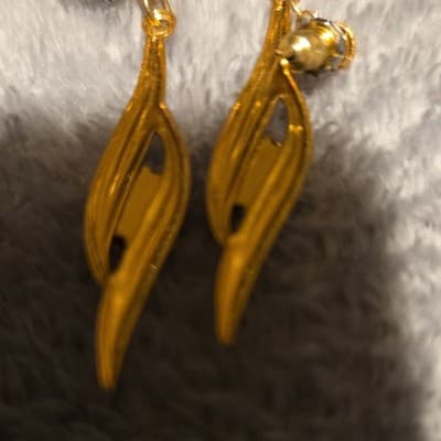 Gold Leaf Dangle Earrings with Blue Round Stones, Metal Butterfly Closure - Thumbnail 2
