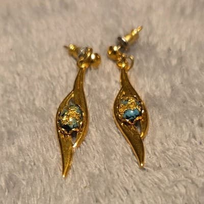 Gold Leaf Dangle Earrings with Blue Round Stones, Metal Butterfly Closure - Image 1