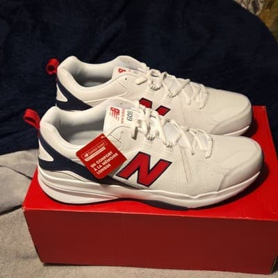 New Balance 608 Men's White Navy Red Leather Athletic Sneakers Low Top - Image 1