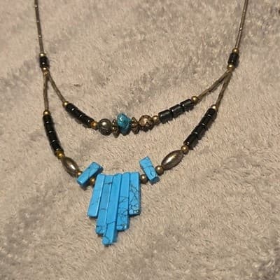 Turquoise Beaded Necklace Native American Style Blue Black Gemstone Ethnic - Image 1