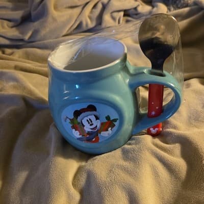 Disney Mickey Mouse Ceramic Mug Blue with Red Spoon Collectible - Image 1