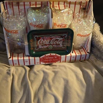 Coca-Cola Christmas '96 Collectable Series Glasses & Tray Set Clear Red Green - Thumbnail 2
