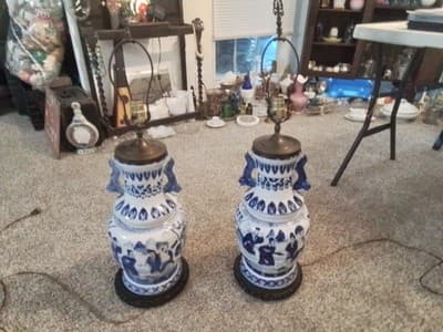 Vintage Chinese Bule Amd And White Porcelain Lamps Lot Of 2 Lamps - Image 1