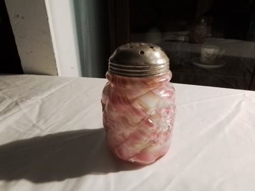 1889 EAPG NORTHWOOD ROYAL IVY RAINBOW SPATTER PINK YELLOW GLASS SUGAR SHAKER - Image 1