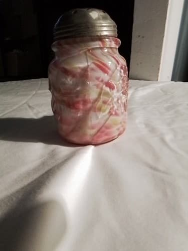 1889 EAPG NORTHWOOD ROYAL IVY RAINBOW SPATTER PINK YELLOW GLASS SUGAR SHAKER - Thumbnail 3