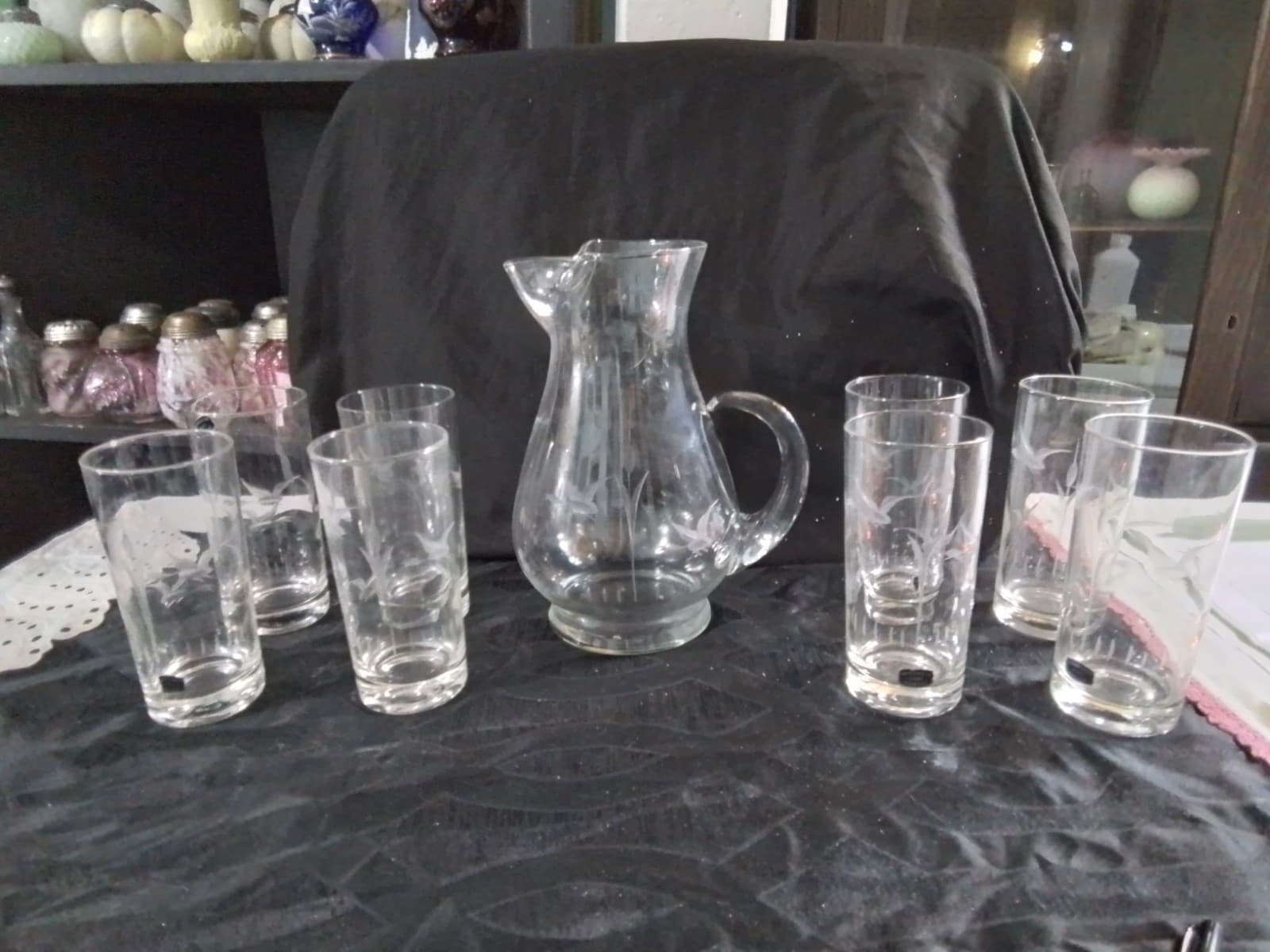 Vintage Mountaineer Hand Cut Glass Picture And Glasses Set Of 8 - Image 1