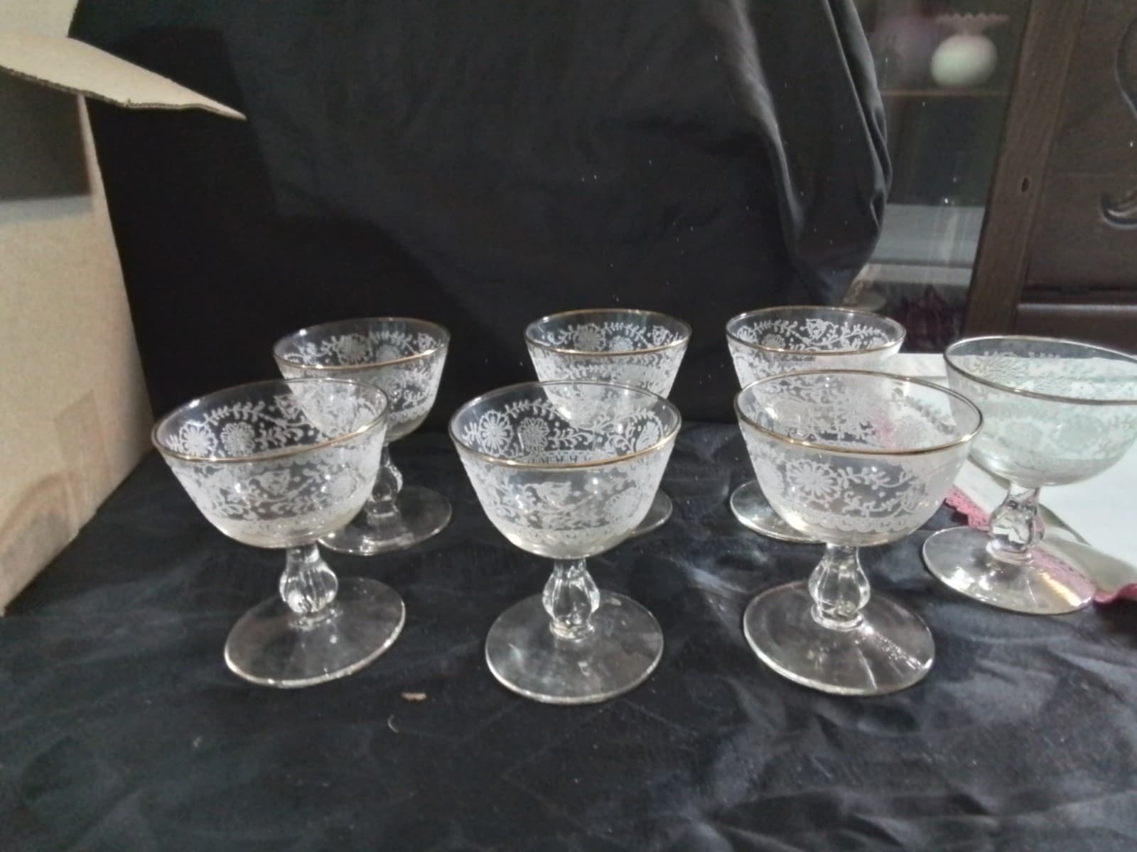 Vintage Libbey Lace And Gold Trim Champaign Glasses Set Of 7/1960s - Image 1