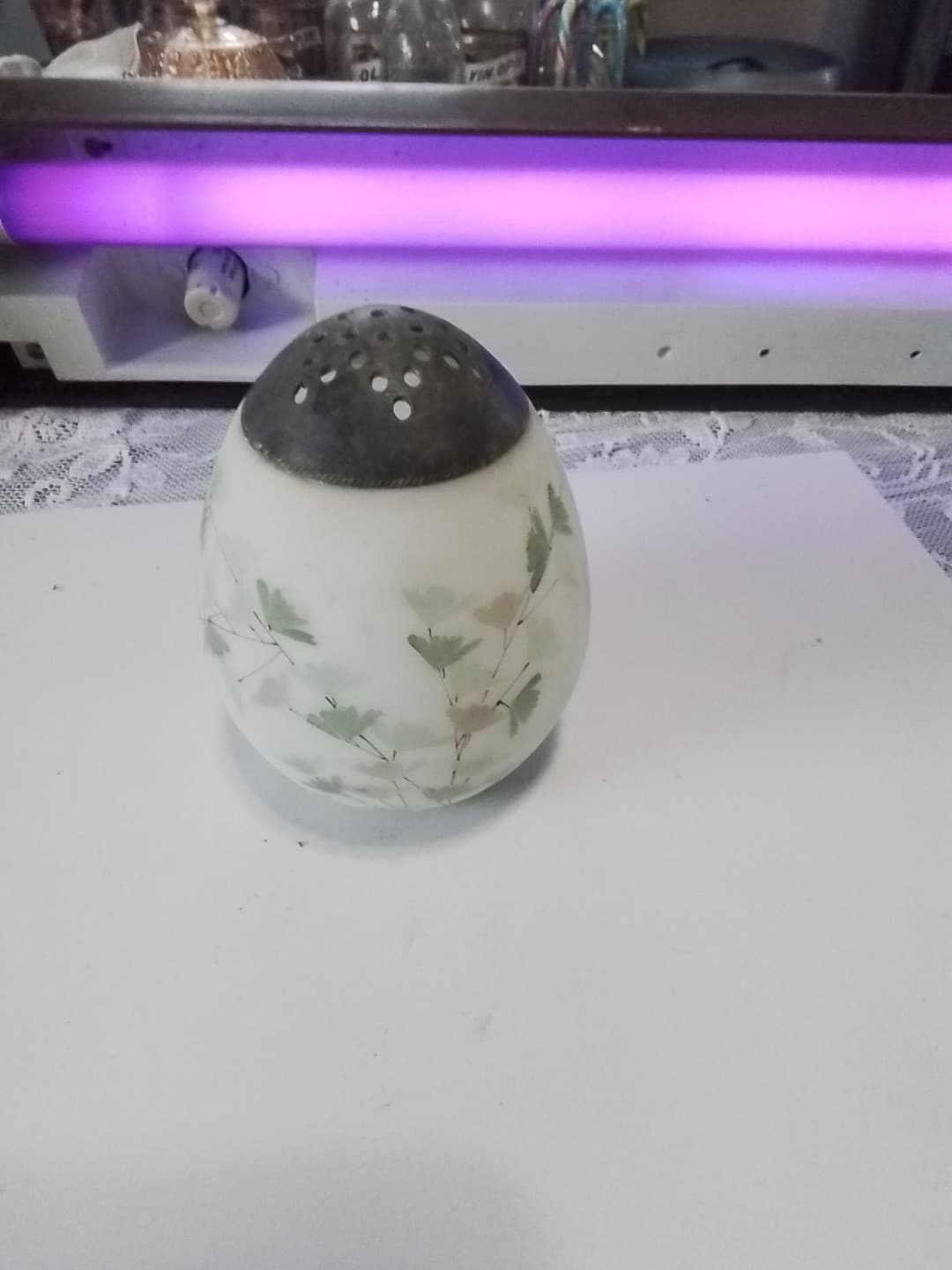 Mt Washington Glass Egg Shape Muffineer Shaker Green & Pink Leaf Decoration - Image 1