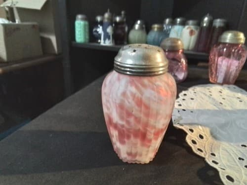 Old Antique Pink & White SPLATTER Ribbed SATIN GLASS SUGAR SHAKER Muffineer - Image 1