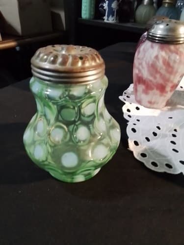 Northwood Green Opalescent Coin Sugar Shaker/Muffineer. Very Light Flourescent - Image 1