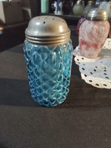 Victorian Hobb Light Blue Opalescent Ribbed Opal Lattice Sugar Shaker - Image 1