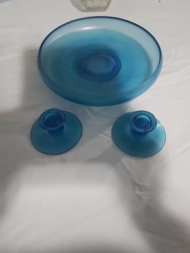 Early 1900s 10" Shallow Blue Stretch Glass Bowl with Rolled Up Sides And 2... - Image 1