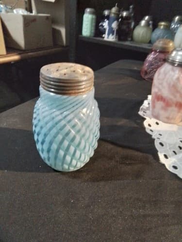 Vintage Blue Opalescent Manganese Glass Swirl Sugar Shaker
