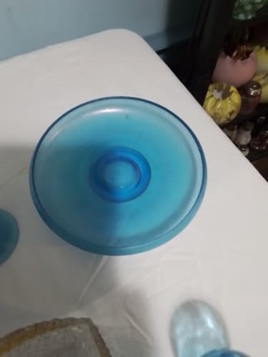 Early 1900s 10" Shallow Blue Stretch Glass Bowl with Rolled Up Sides And 2... - Thumbnail 2