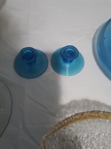 Early 1900s 10" Shallow Blue Stretch Glass Bowl with Rolled Up Sides And 2... - Thumbnail 3