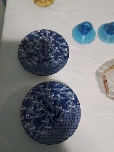 7 3/4" Blue & White DODECAGON Porcelain FLYING CRANES Asian Japanese SEAL Plates - Image 1