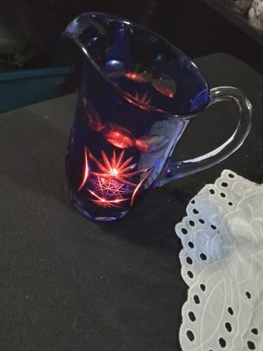 MCM BOHEMIAN CZECH COBALT BLUE CUT TO CLEAR PITCHER