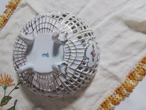 1902 Dresden Antique Porcelain Gold Gilded Reticulated Basket Floral Footed Bowl - Thumbnail 5