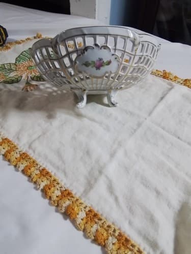 1902 Dresden Antique Porcelain Gold Gilded Reticulated Basket Floral Footed Bowl - Thumbnail 6