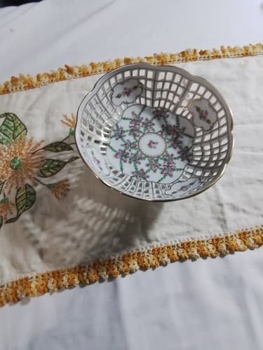 1902 Dresden Antique Porcelain Gold Gilded Reticulated Basket Floral Footed Bowl