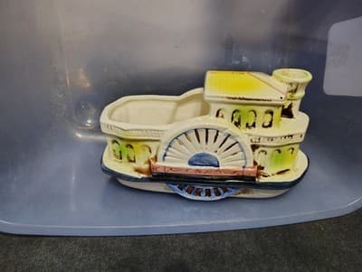 Vintage 1950's Porcelain Steam Boat And Trolley Planters Lot of 2