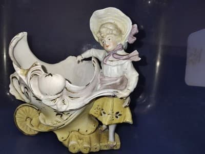 Vintage Karl Unger German Porcelain Victorian Lady/Floral Wheelbarrow 1875/1879