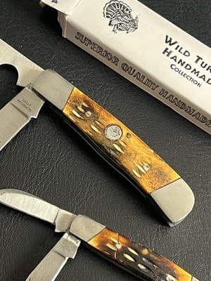 Lot Of 2 WILD TURKEY Bone Stag Hand Made Razor Trapper Pocket Knife Set READ - Thumbnail 5