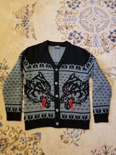 Y2K Middle of Beyond MOB Dog Hounds Tongue Cardigan Manly Knit Sweater Mens S - Image 1
