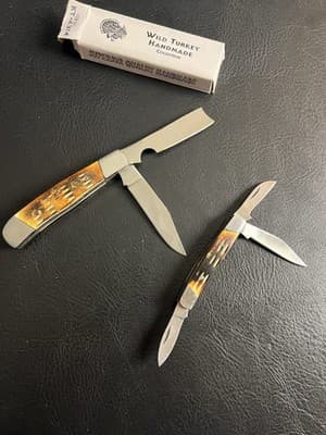 Lot Of 2 WILD TURKEY Bone Stag Hand Made Razor Trapper Pocket Knife Set READ - Thumbnail 18