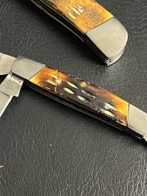 Lot Of 2 WILD TURKEY Bone Stag Hand Made Razor Trapper Pocket Knife Set READ - Thumbnail 4