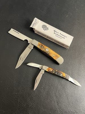 Lot Of 2 WILD TURKEY Bone Stag Hand Made Razor Trapper Pocket Knife Set READ - Image 1