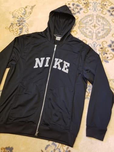 VTG Nike Spell Out Full Zip Black Hoodie Jacket L Gray Tag Vintage Embroidered - Thumbnail 2
